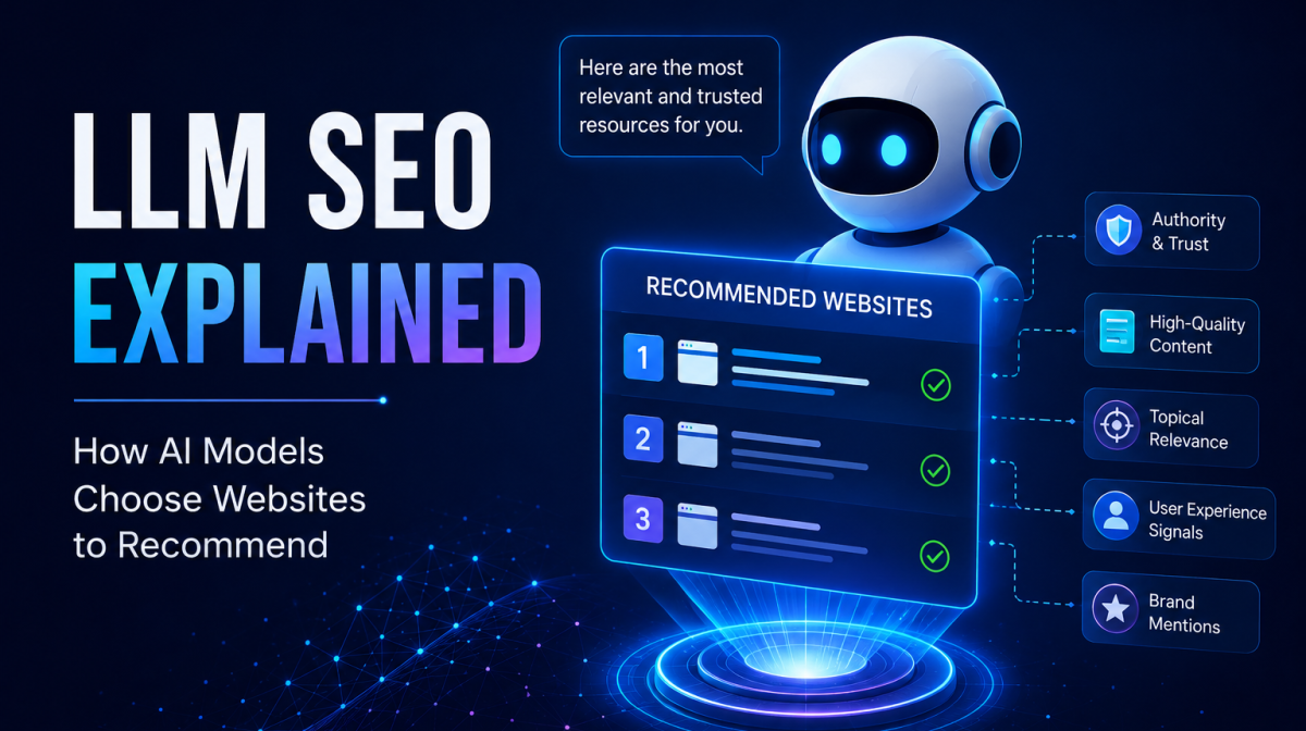 LLM SEO guide showing how AI models recommend websites based on authority, relevance, and trust.