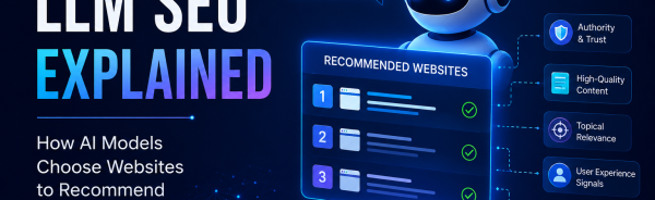 LLM SEO guide showing how AI models recommend websites based on authority, relevance, and trust.