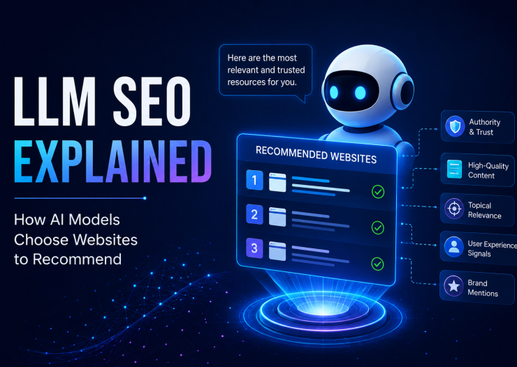 LLM SEO guide showing how AI models recommend websites based on authority, relevance, and trust.