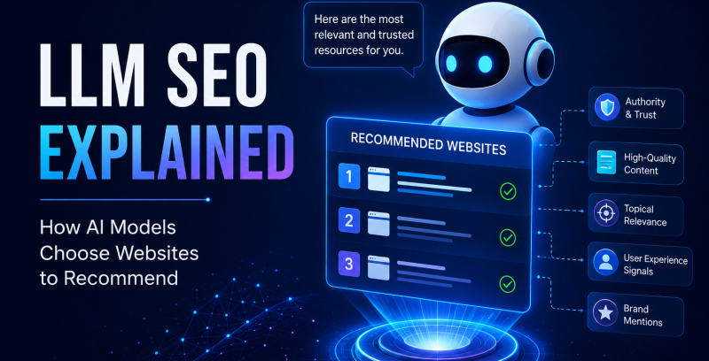 LLM SEO guide showing how AI models recommend websites based on authority, relevance, and trust.