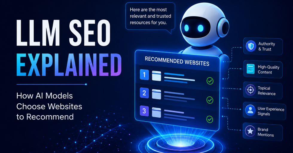 LLM SEO guide showing how AI models recommend websites based on authority, relevance, and trust.